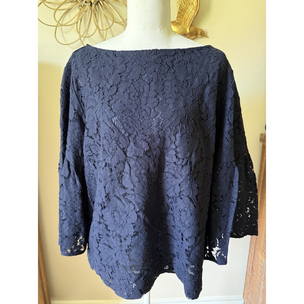 Lauren Ralph Lauren Navy Lace Blouse Women's Size Large 3/4 Sleeve Floral Top